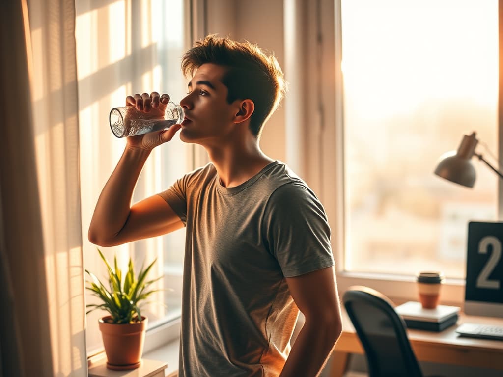 Professional taking energizing break with natural light and movement at desk