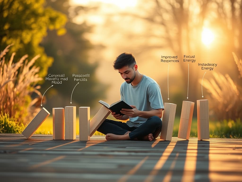 Domino effect visualization showing keystone habit triggering positive chain reaction